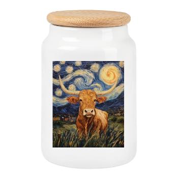 Longhorn Cow Cows Bull Van Gogh Starry Night - Cookie Jar with Wooden Lid - white - Front