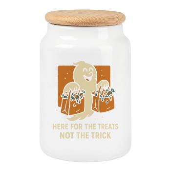 Hier für die Leckereien, nicht für den Trick Ghost Halloween - Keksdose mit Holzdeckel - Weiß - Vorne