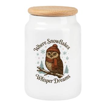Wintereule – Where Snowflakes Whisper Dreams - Cookie Jar with Wooden Lid - white - Front