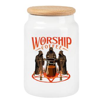 Worship Coffee Bold Caffeine Statement - Cookie Jar with Wooden Lid - white - Front