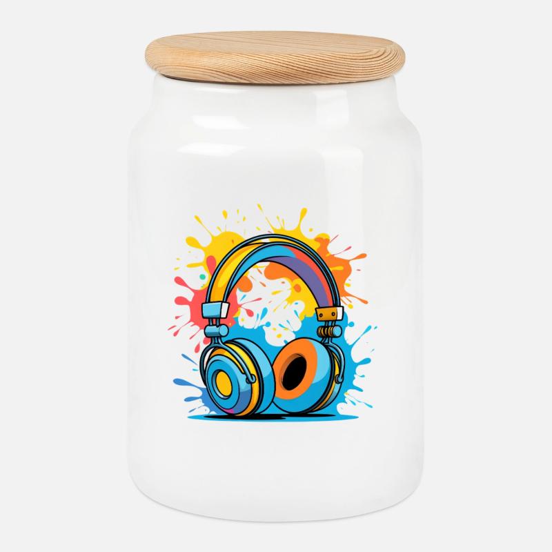 Bunte Kopfhörer Splash Design - Keksdose mit Holzdeckel - Weiß