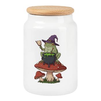 Frog Witch Cauldron Over Mushroom Ring - Cookie Jar with Wooden Lid - white - Front