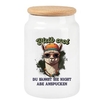 Lama Spruch – Bleib cool, lustiges Fun Shirt - Keksdose mit Holzdeckel - Weiß - Vorne