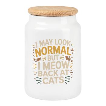 Cat I May Look Normal I Meow Back At Cats - Cookie Jar with Wooden Lid - white - Front