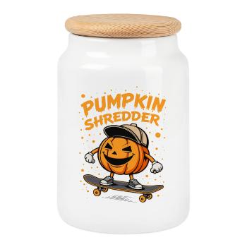 Cool pumpkin shredder on the skateboard - Cookie Jar with Wooden Lid - white - Front