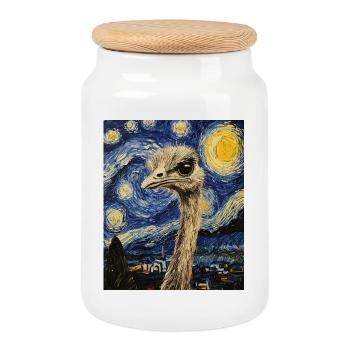 Ostrich Bird Van Gogh Style Starry Night - Cookie Jar with Wooden Lid - white - Front