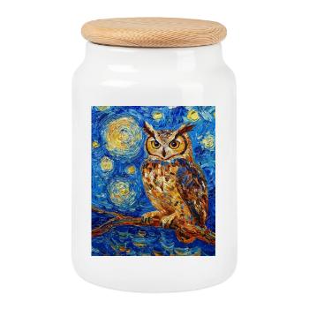 Owl Bird Van Gogh Style Starry Night - Cookie Jar with Wooden Lid - white - Front