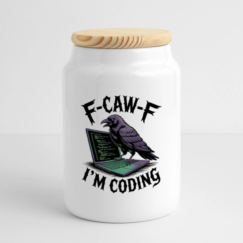 RabenCoder: Code Raven am Laptop Keksdose mit Holzdeckel
