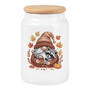 Autumn Gnome Shirt with Raccoon and Acorns - Cookie Jar with Wooden Lid - white - Front