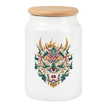 Fiery Dragon Mask | Mythical Flame Beast - Cookie Jar with Wooden Lid - white - Front