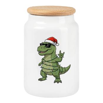 Mignon Dino T-Rex avec des guirlandes lumineuses de sapin de Noël - Boîte à biscuits avec couvercle en bois - blanc - Devant