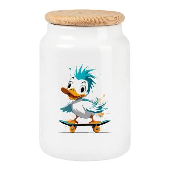 Ente auf Skateboard Farbexplosion - Keksdose mit Holzdeckel - Weiß - Vorne