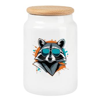 Raccoon mit Sonnenbrille Streetstyle - Keksdose mit Holzdeckel - Weiß - Vorne