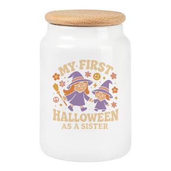 Mon premier Halloween en tant que sœur Mignon Effrayant Amusant - Boîte à biscuits avec couvercle en bois - blanc - Devant
