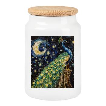 Peacock Bird Van Gogh Style Starry Night - Cookie Jar with Wooden Lid - white - Front