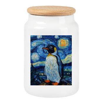 Pingouin oiseau style Van Gogh nuit étoilée - Boîte à biscuits avec couvercle en bois - blanc - Devant