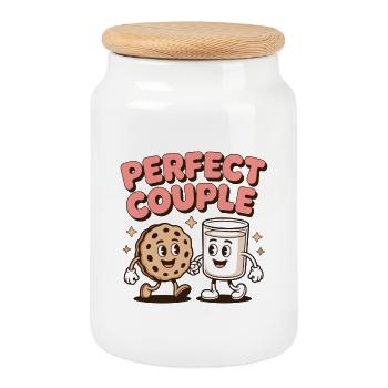 Perfect Couple Cookie Milk Duo Cartoon Art - Cookie Jar with Wooden Lid - white - Front