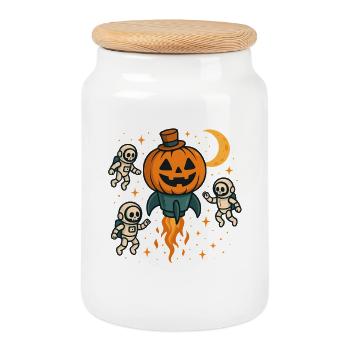 Halloween Rocket Pumpkin in Space - Cookie Jar with Wooden Lid - white - Front