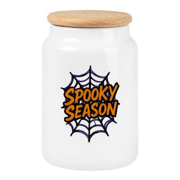Halloween spider web "Spooky Season" - Cookie Jar with Wooden Lid - white - Front