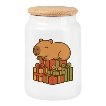 ✨ Capybara endormi sur les cadeaux de Noël - Boîte à biscuits avec couvercle en bois - blanc - Devant