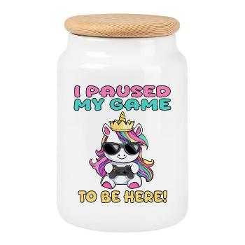 i paused my game to be here - unicorn - Cookie Jar with Wooden Lid - white - Front