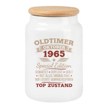 Cadeau 60ème anniversaire Voiture Ancienne Octobre 1965 - Boîte à biscuits avec couvercle en bois - blanc - Devant
