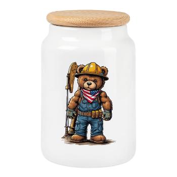Construction worker bear with tool belt - Cookie Jar with Wooden Lid - white - Front