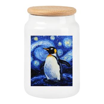 Pingouin oiseau style Van Gogh nuit étoilée - Boîte à biscuits avec couvercle en bois - blanc - Devant