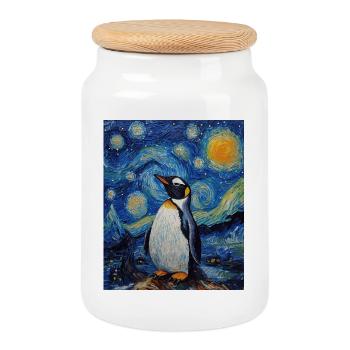 Pingouin oiseau style Van Gogh nuit étoilée - Boîte à biscuits avec couvercle en bois - blanc - Devant