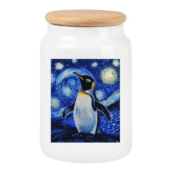 Pingouin oiseau style Van Gogh nuit étoilée - Boîte à biscuits avec couvercle en bois - blanc - Devant