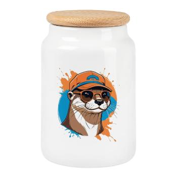 Otter im Cap mit Sonnenbrille - Keksdose mit Holzdeckel - Weiß - Vorne