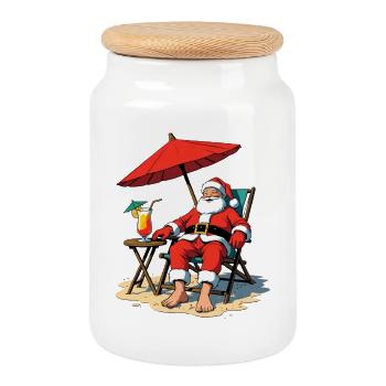 Santa on the Beach Relaxing - Cookie Jar with Wooden Lid - white - Front