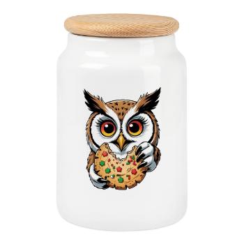 Owl with big biscuit illustration - Cookie Jar with Wooden Lid - white - Front