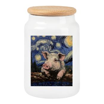 Cochon Porcelet Style Van Gogh Nuit étoilée - Boîte à biscuits avec couvercle en bois - blanc - Devant