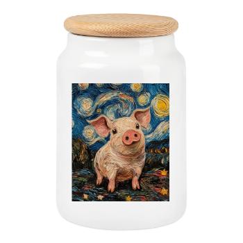 Cochon Porcelet Style Van Gogh Nuit étoilée - Boîte à biscuits avec couvercle en bois - blanc - Devant