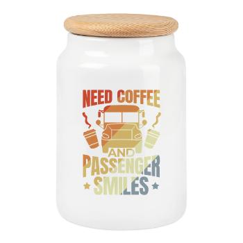 Need Coffee and Passenger Smiles - Cookie Jar with Wooden Lid - white - Front
