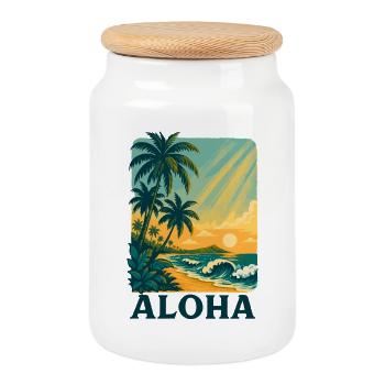 Aloha Sunset avec vagues tropicales - Boîte à biscuits avec couvercle en bois - blanc - Devant