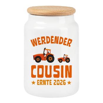 Expectant Cousin Harvest 2026 Tractor - Cookie Jar with Wooden Lid - white - Front