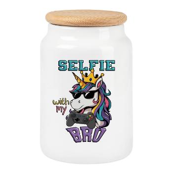 Selfie with my bro - Unicorn zocken - Cookie Jar with Wooden Lid - white - Front