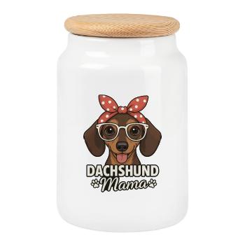 Dachshund Mom Cartoon with Glasses - Cookie Jar with Wooden Lid - white - Front