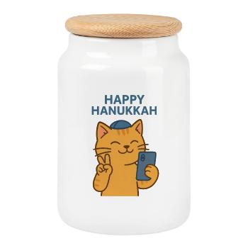 Meowzel Tov Hanoukka Chat Juif faire Selfie - Boîte à biscuits avec couvercle en bois - blanc - Devant