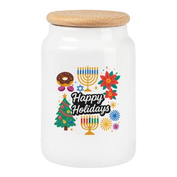 Happy Holiday Christmas and Hanukkah New Year Eve - Cookie Jar with Wooden Lid - white - Front