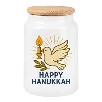Happy Hanukkah Pigeon Dove of Peace  - Cookie Jar with Wooden Lid - white - Front