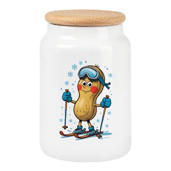 Skieur cacahuète avec des skis - Boîte à biscuits avec couvercle en bois - blanc - Devant