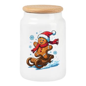 Gingerbread man on the sleigh - Cookie Jar with Wooden Lid - white - Front