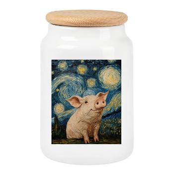 Cochon Porcelet Style Van Gogh Nuit étoilée - Boîte à biscuits avec couvercle en bois - blanc - Devant