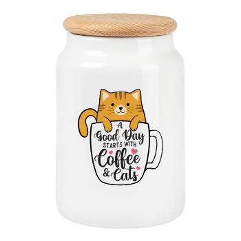 Une bonne journée commence avec du café et des chats - Boîte à biscuits avec couvercle en bois - blanc - Devant