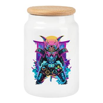 Gaming Controller Samurai Mask Ronin Gambler Motif - Cookie Jar with Wooden Lid - white - Front