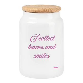 Leaves and Smiles Pink Script - Cookie Jar with Wooden Lid - white - Front