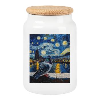 Dove Bird Van Gogh Style Starry Night - Cookie Jar with Wooden Lid - white - Front